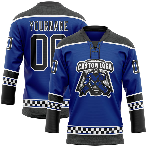 Custom Royal Black-White Leopard Print Checkered Stripe Lace Neck Hockey Jersey