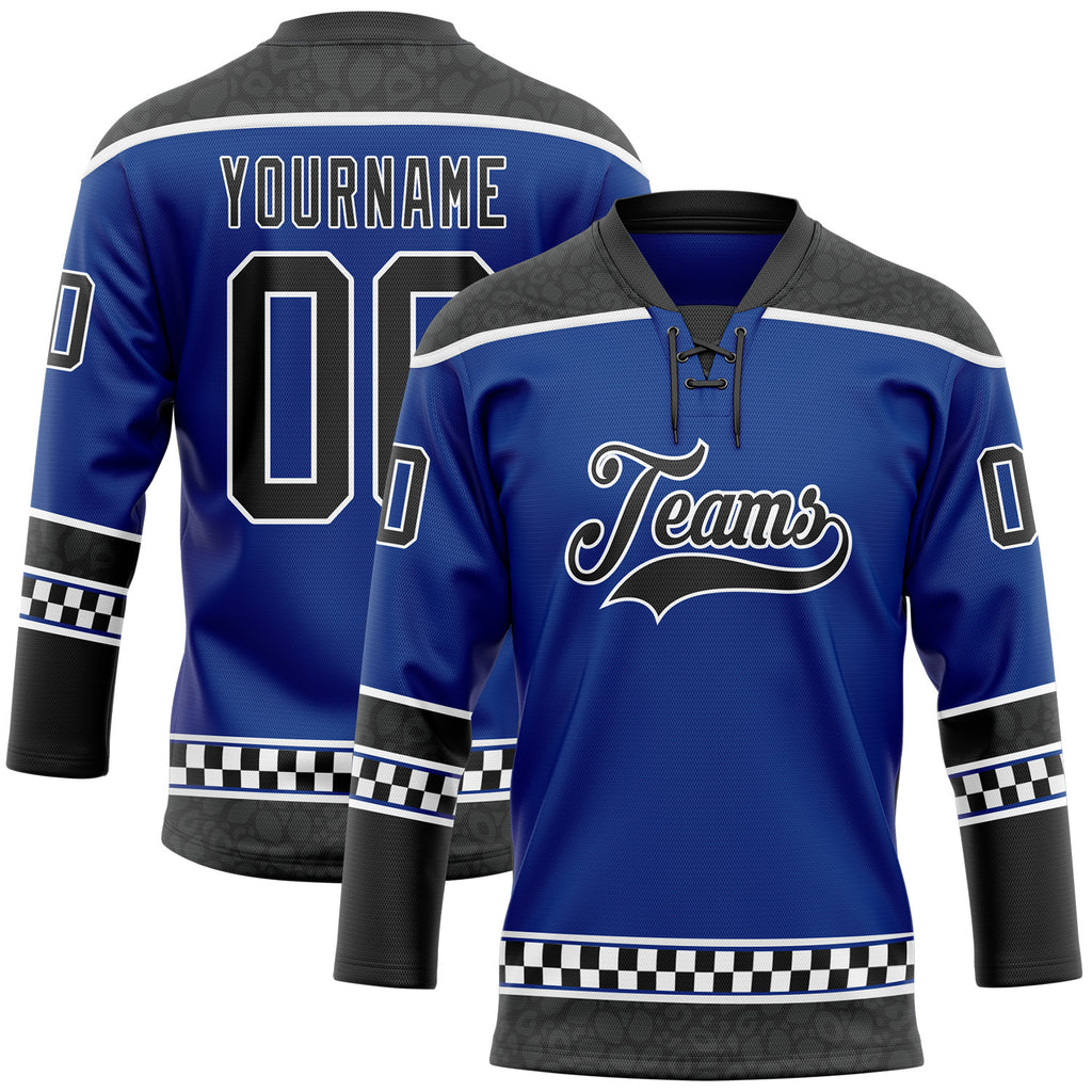 Custom Royal Black-White Leopard Print Checkered Stripe Lace Neck Hockey Jersey