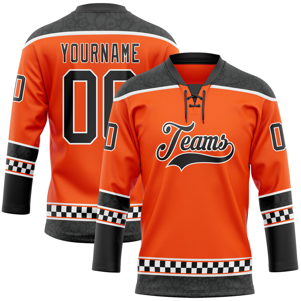 Custom Orange Black-White Leopard Print Checkered Stripe Lace Neck Hockey Jersey