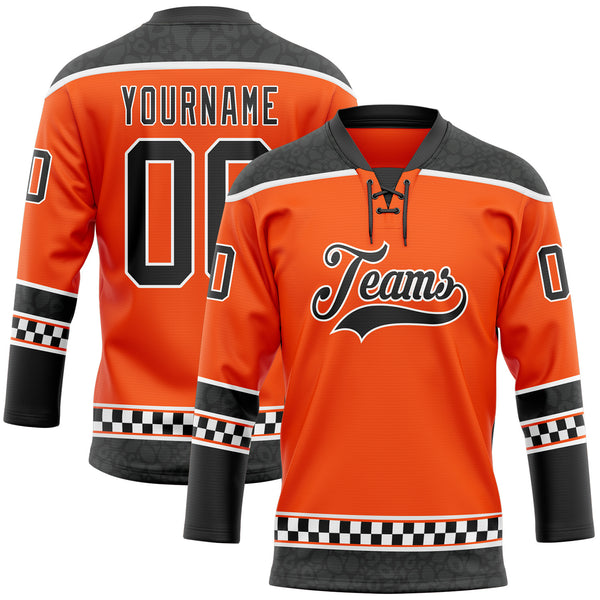 Custom Orange Black-White Leopard Print Checkered Stripe Lace Neck Hockey Jersey
