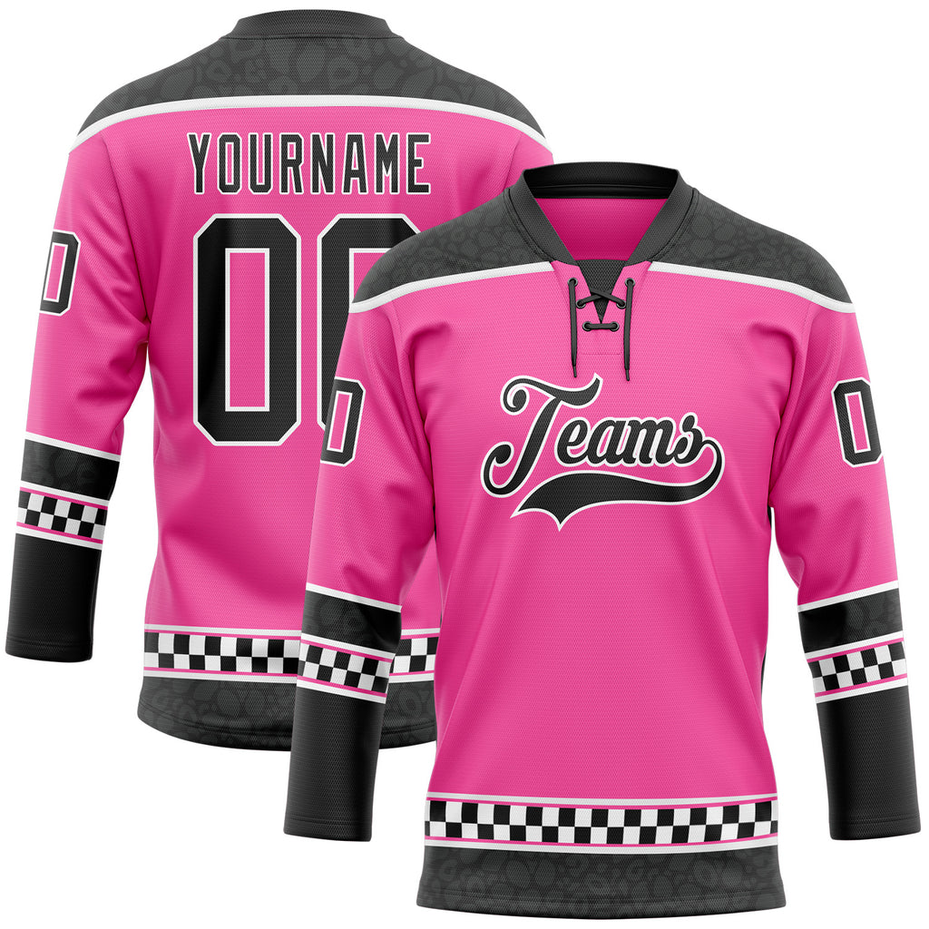 Custom Pink Black-White Leopard Print Checkered Stripe Lace Neck Hockey Jersey