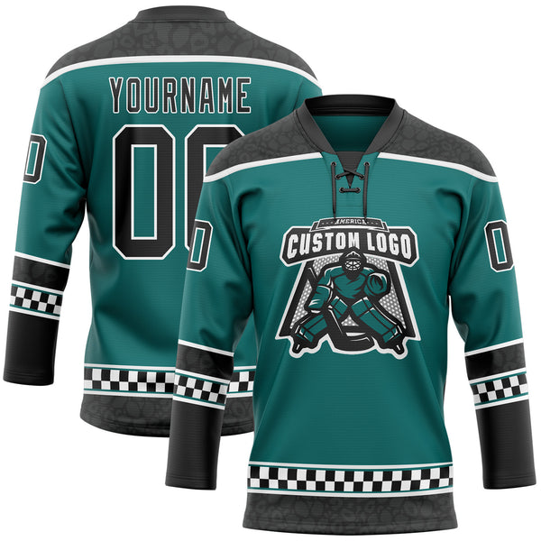 Custom Teal Black-White Leopard Print Checkered Stripe Lace Neck Hockey Jersey