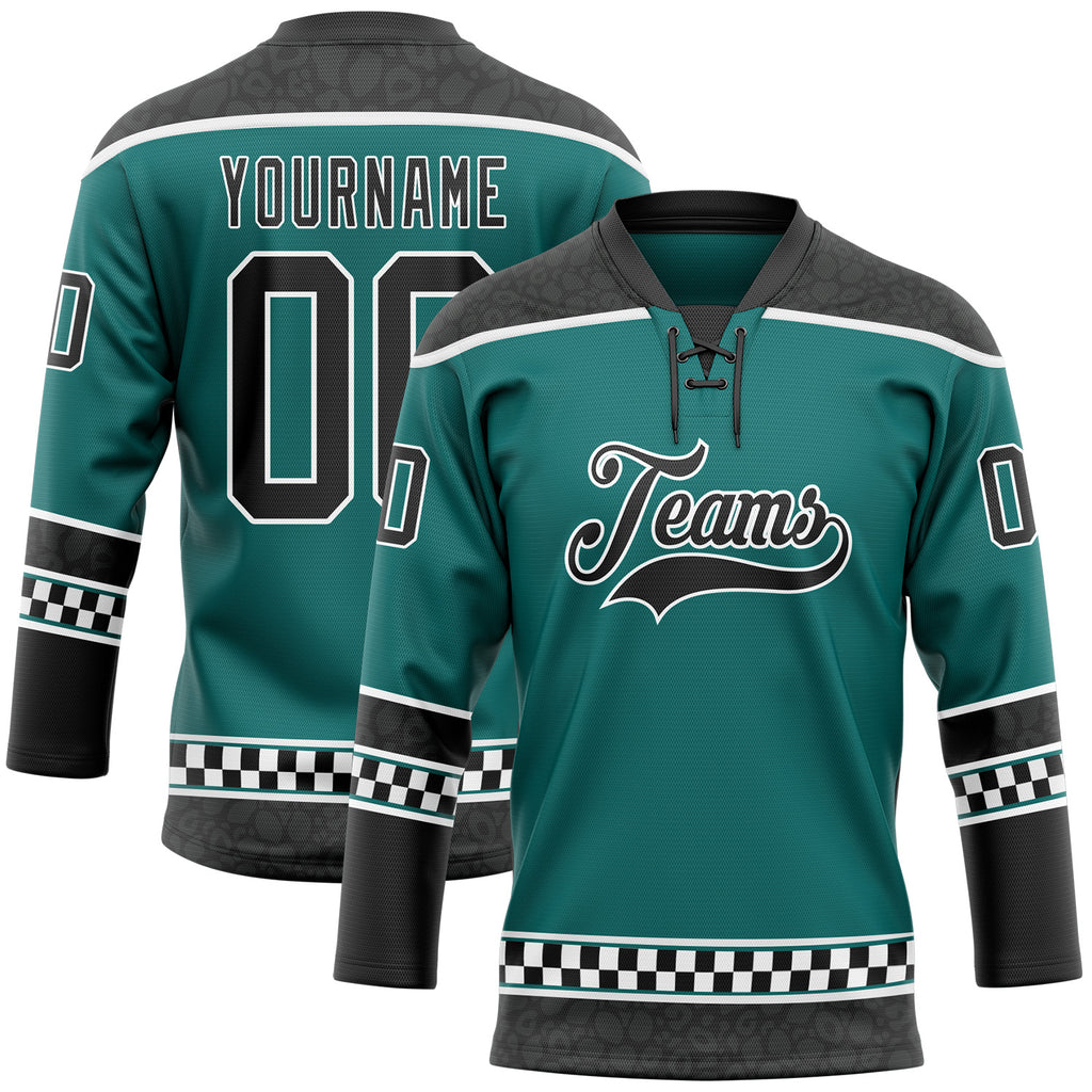 Custom Teal Black-White Leopard Print Checkered Stripe Lace Neck Hockey Jersey