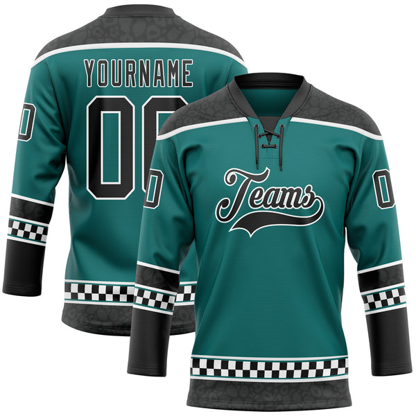 Custom Teal Black-White Leopard Print Checkered Stripe Lace Neck Hockey Jersey
