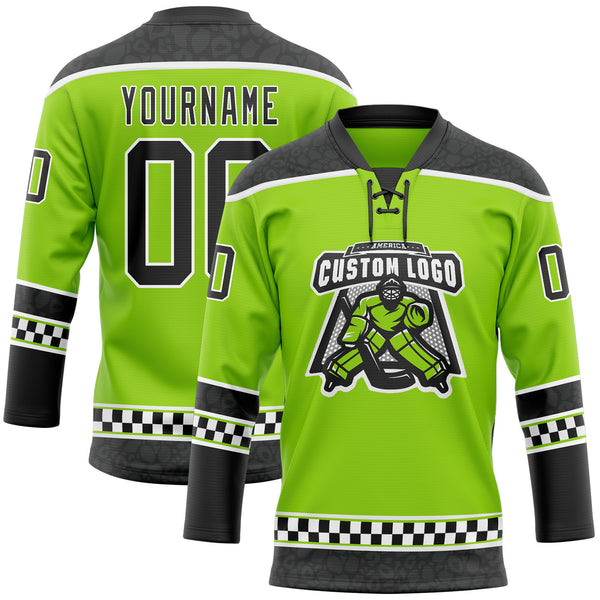 Custom Neon Green Black-White Leopard Print Checkered Stripe Lace Neck Hockey Jersey