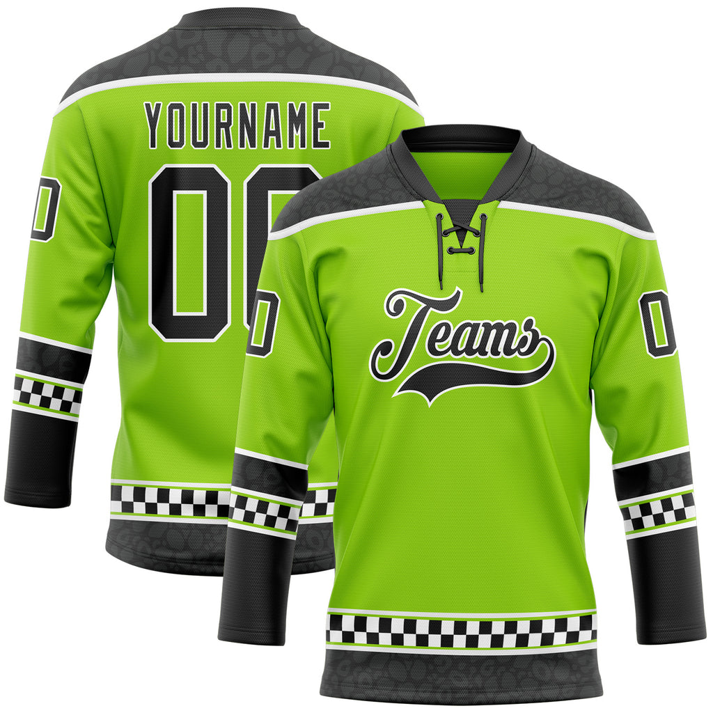 Custom Neon Green Black-White Leopard Print Checkered Stripe Lace Neck Hockey Jersey