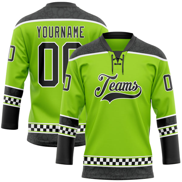 Custom Neon Green Black-White Leopard Print Checkered Stripe Lace Neck Hockey Jersey