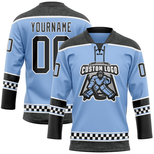 Custom Light Blue Black-White Leopard Print Checkered Stripe Lace Neck Hockey Jersey