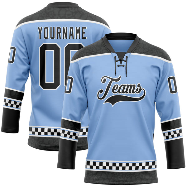 Custom Light Blue Black-White Leopard Print Checkered Stripe Lace Neck Hockey Jersey