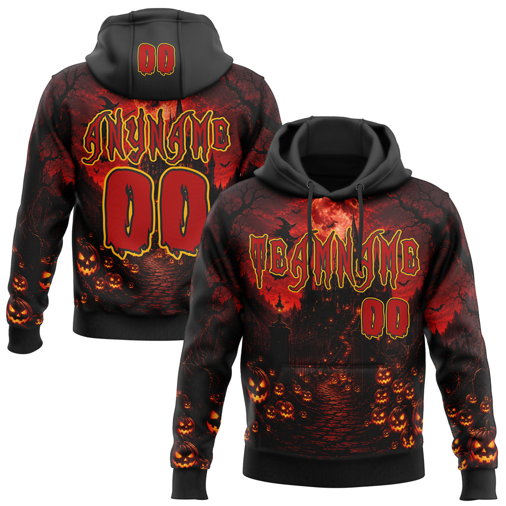 Custom Black Red-Gold Halloween Spooky Pumpkins Pullover Sweatshirt Hoodie