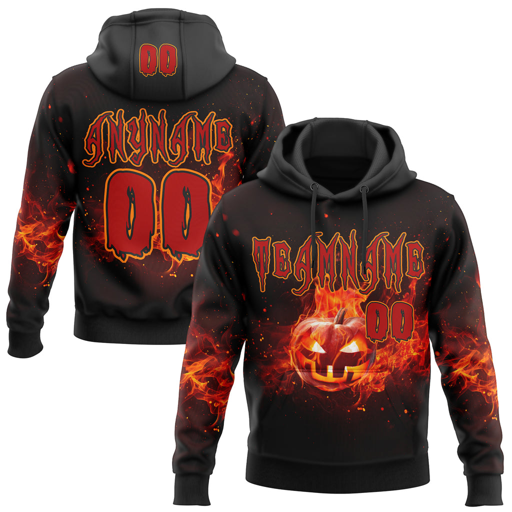 Custom Black Red-Bay Orange Halloween Flaming Pumpkins Pullover Sweatshirt Hoodie