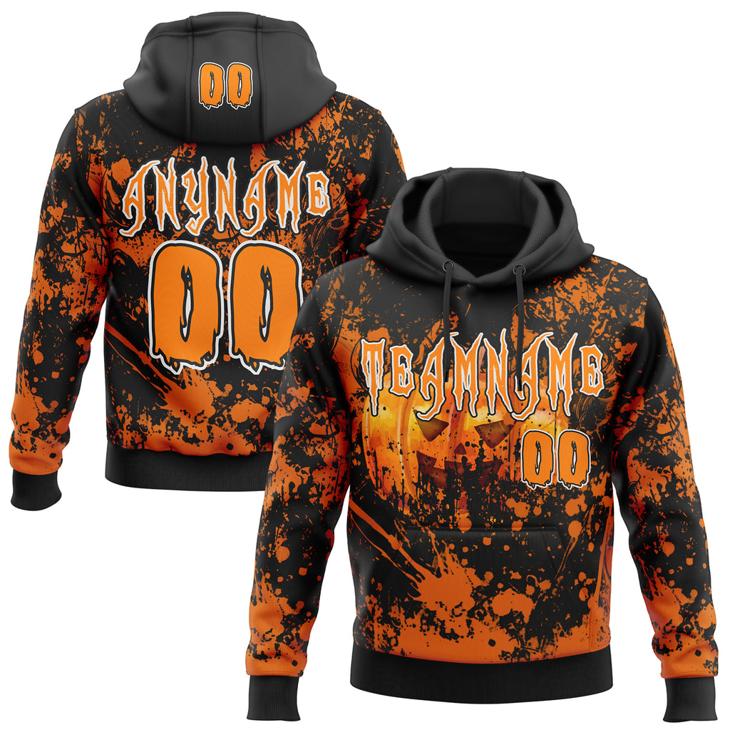 Custom Black Bay Orange-White Halloween Pumpkins Splatter Pullover Sweatshirt Hoodie