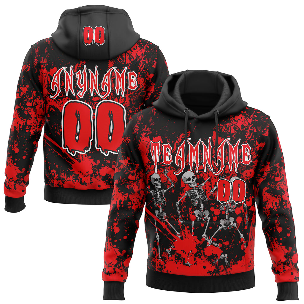 Custom Black Fire Red-White Spooky Halloween Skeleton Splatter Pullover Sweatshirt Hoodie