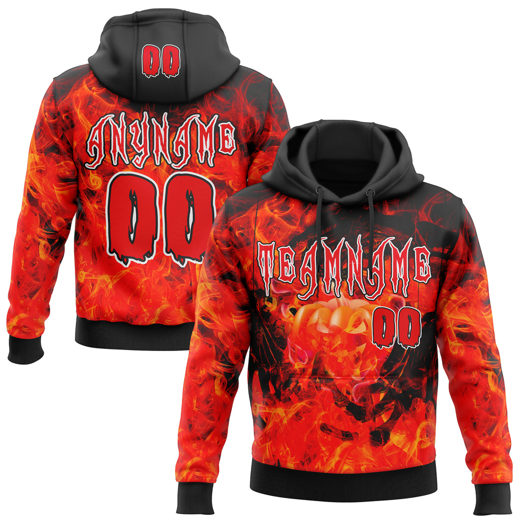 Custom Black Fire Red-White Halloween Flaming Pumpkins Pullover Sweatshirt Hoodie