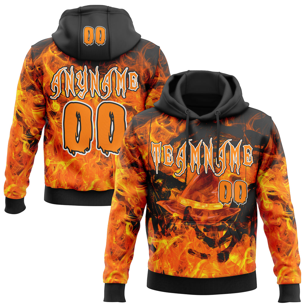 Custom Black Bay Orange-White Halloween Flaming Pumpkins Pullover Sweatshirt Hoodie