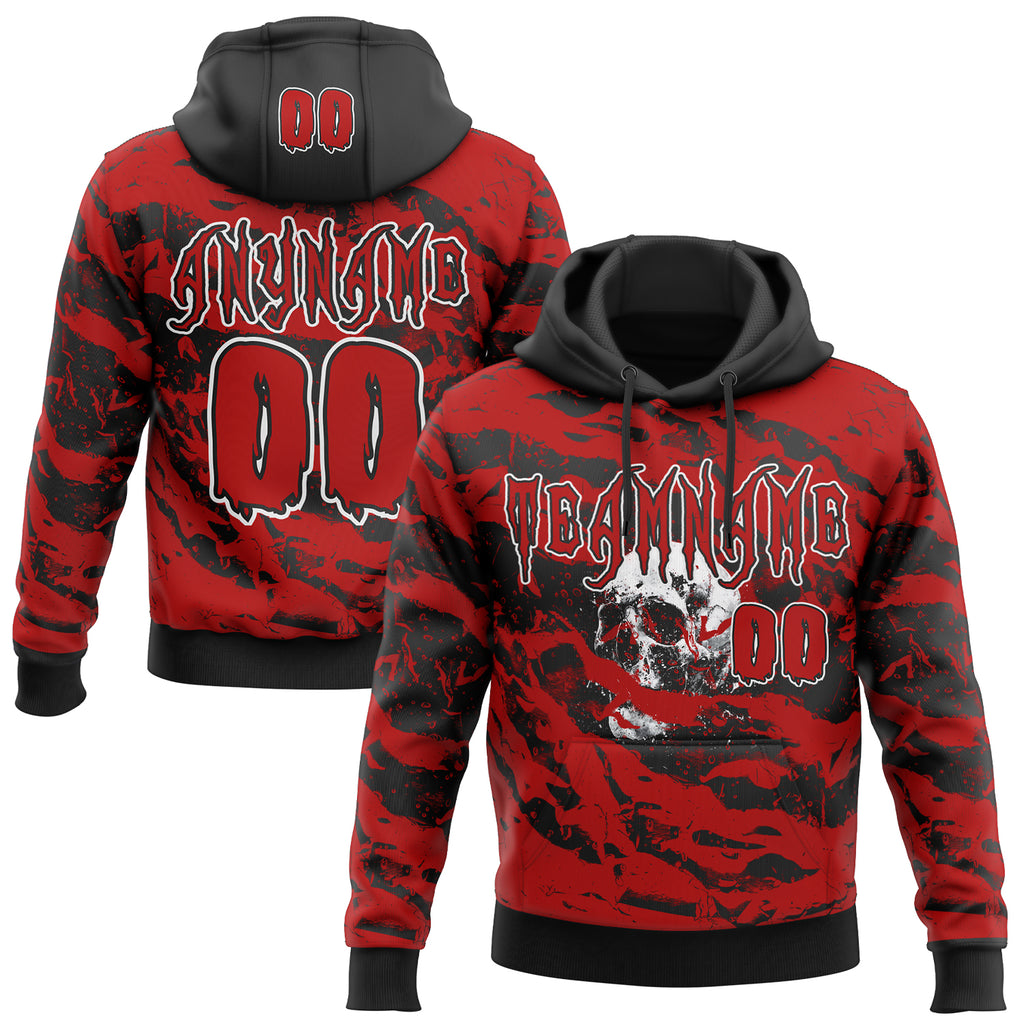 Custom Black Red-White Spooky Halloween Skull Splatter Pullover Sweatshirt Hoodie