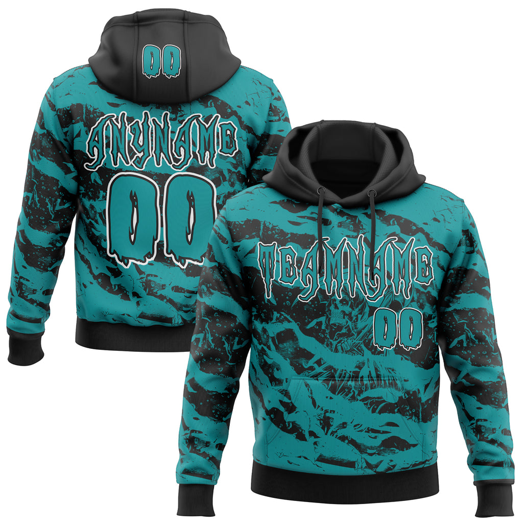 Custom Black Teal-White Spooky Halloween Skull Splatter Pullover Sweatshirt Hoodie
