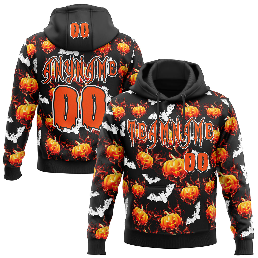 Custom Black Orange-White Halloween Flaming Pumpkins Pullover Sweatshirt Hoodie