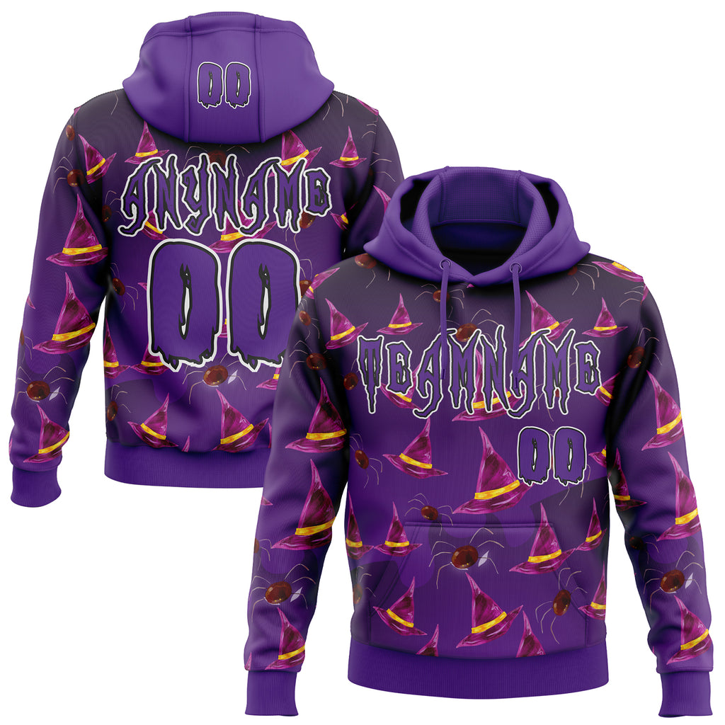 Custom Purple Black-White Halloween Witch Hat Spider Pullover Sweatshirt Hoodie