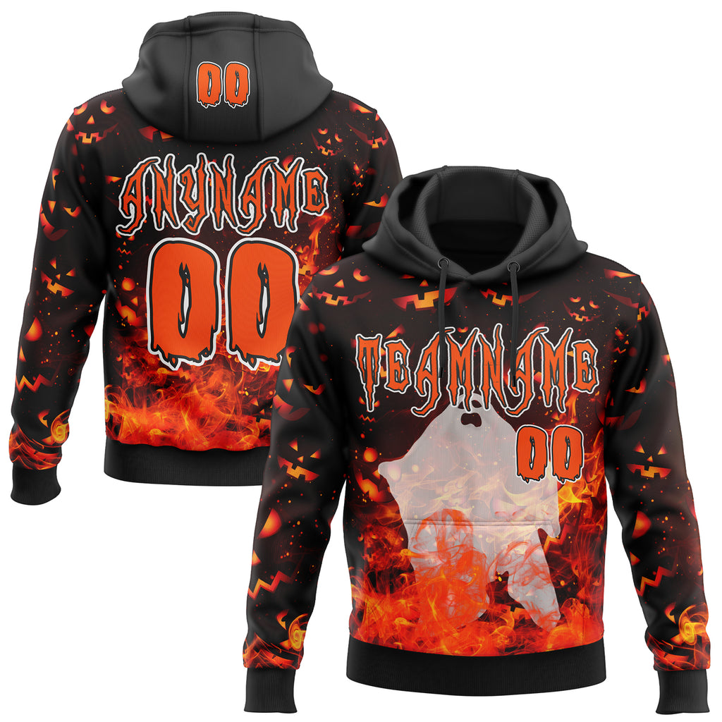 Custom Black Orange-White Halloween Flaming Pumpkins And Ghost Pullover Sweatshirt Hoodie