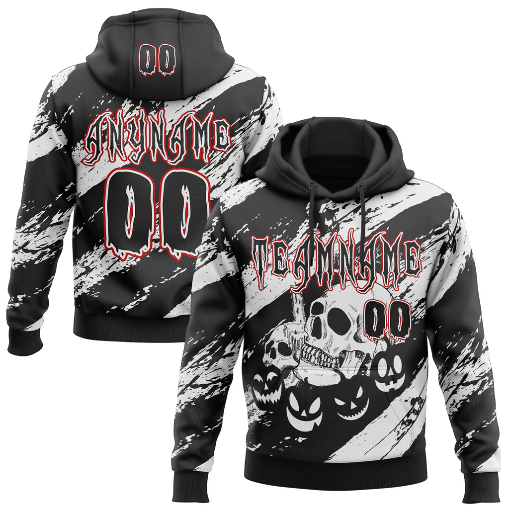 Custom Black White-Red Spooky Halloween Pumpkins And Skull Splatter Pullover Sweatshirt Hoodie