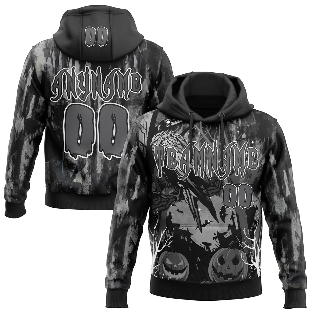 Custom Black Steel Gray-White Spooky Halloween Pumpkins And Raven Pullover Sweatshirt Hoodie