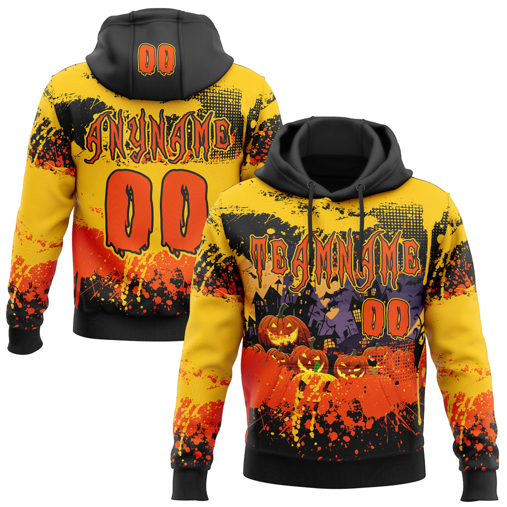 Custom Black Orange-Yellow Spooky Halloween Pumpkins Splatter Pullover Sweatshirt Hoodie