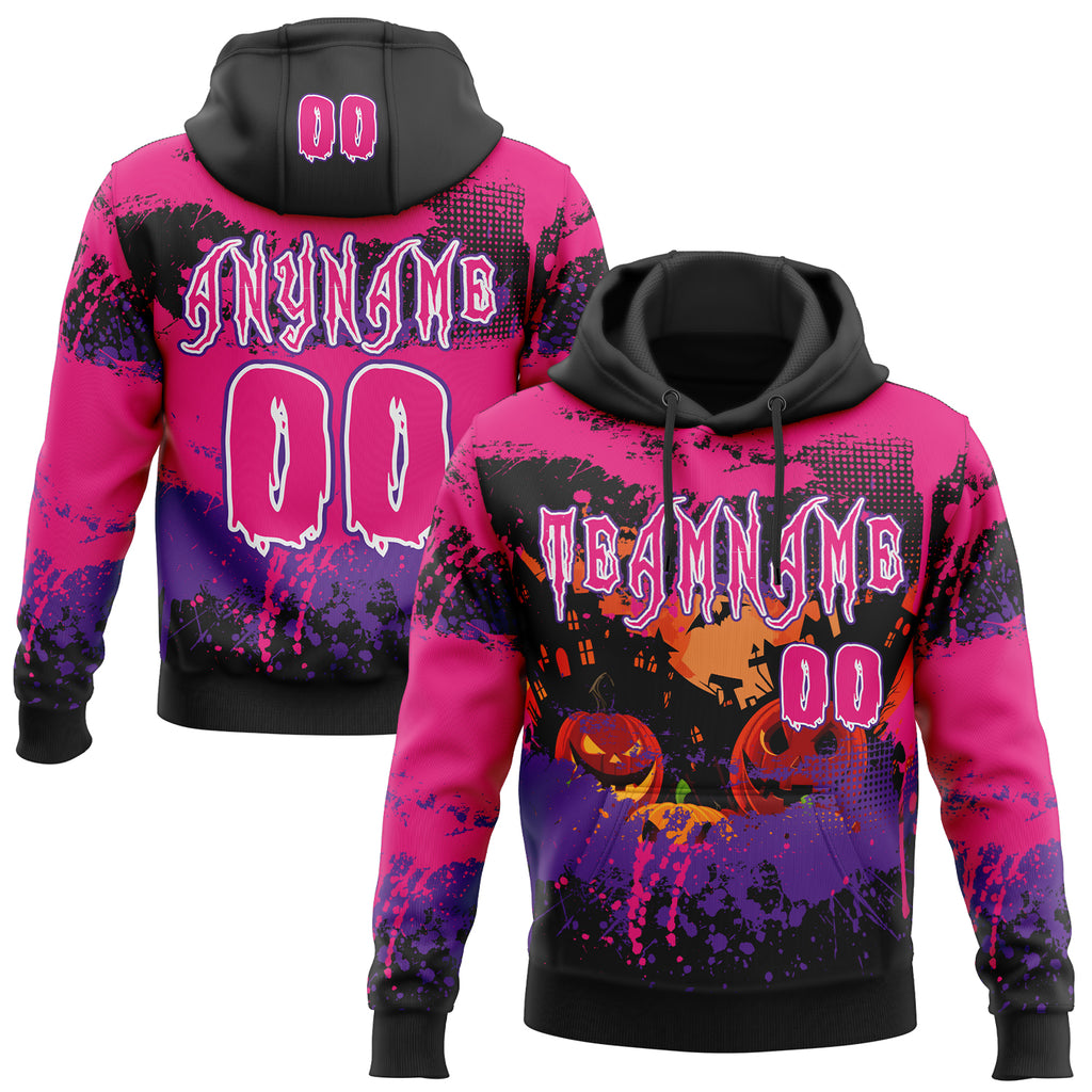 Custom Black Hot Pink Purple-White Spooky Halloween Pumpkins Splatter Pullover Sweatshirt Hoodie