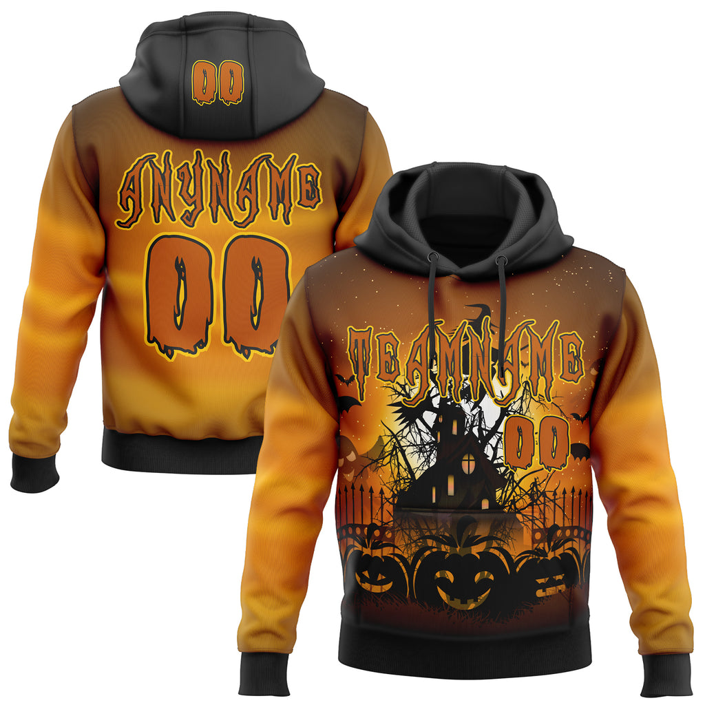 Custom Black Texas Orange-Yellow Spooky Halloween Pumpkins And Haunted House Pullover Sweatshirt Hoodie