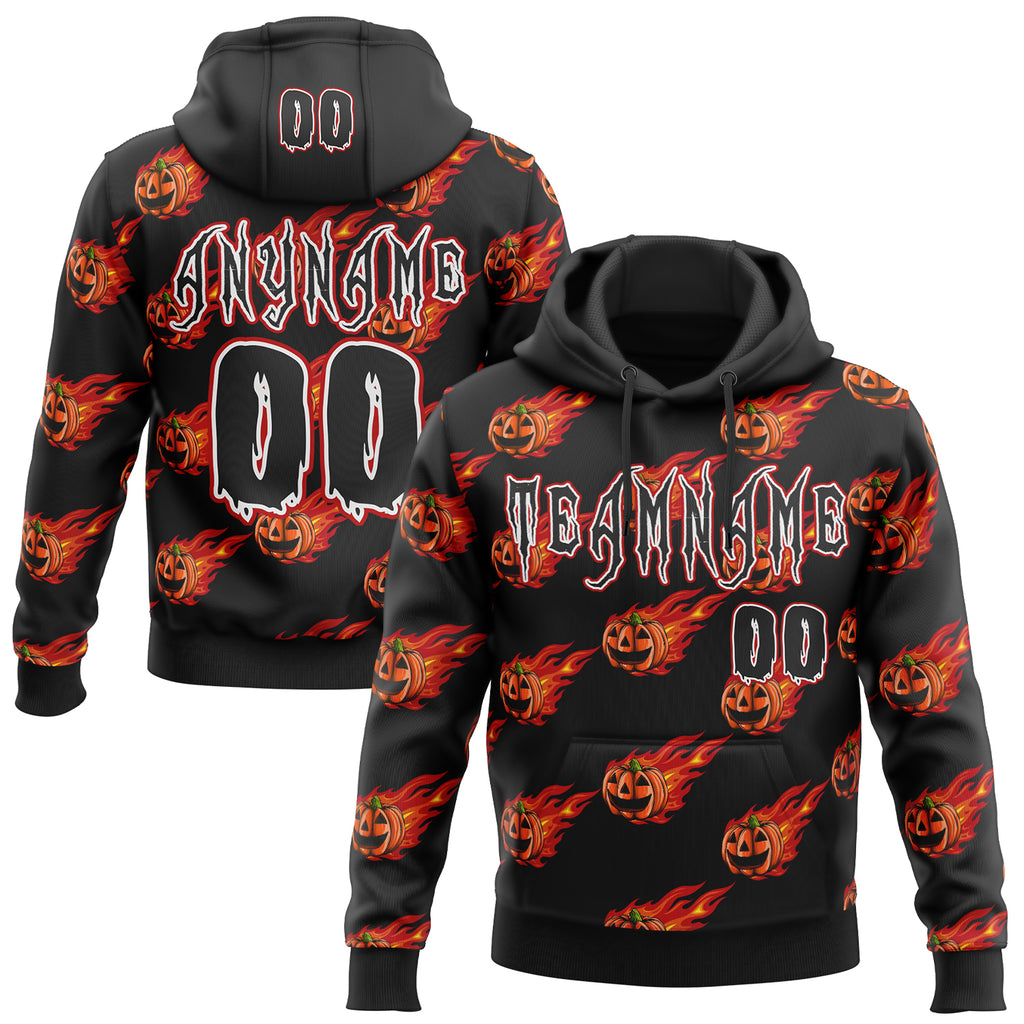 Custom Black White-Red Halloween Flaming Pumpkins Pullover Sweatshirt Hoodie