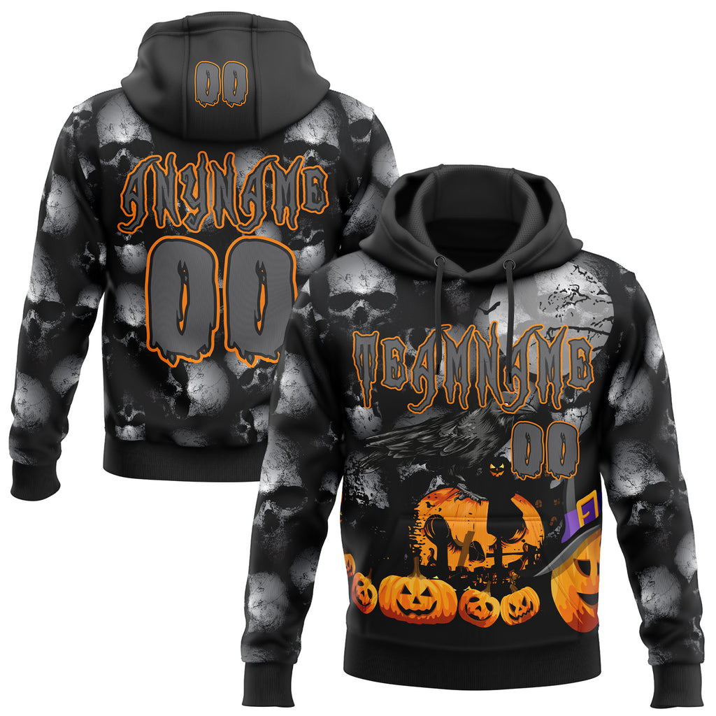 Custom Black Steel Gray-Bay Orange Spooky Halloween Pumpkins & Skull Pullover Sweatshirt Hoodie