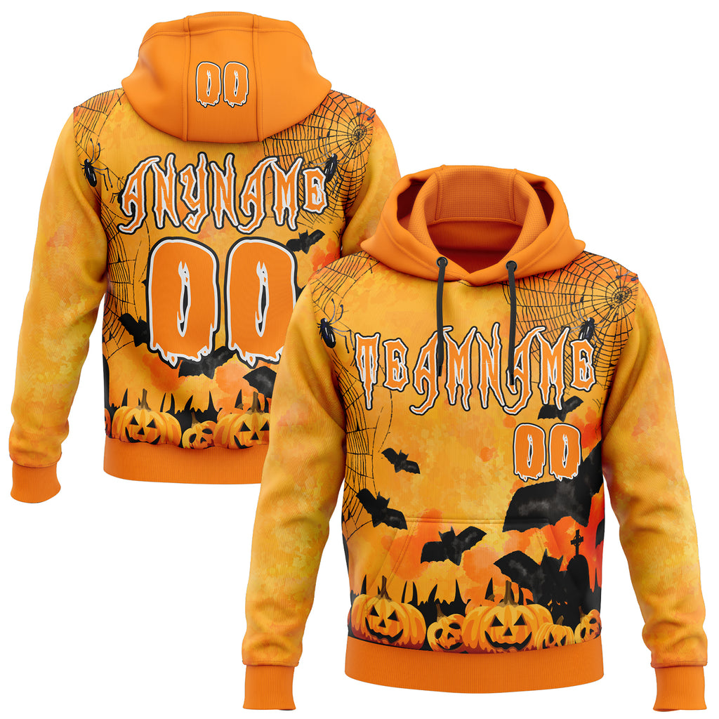 Custom Yellow Bay Orange White-Black Spooky Halloween Pumpkins And Bat Pullover Sweatshirt Hoodie