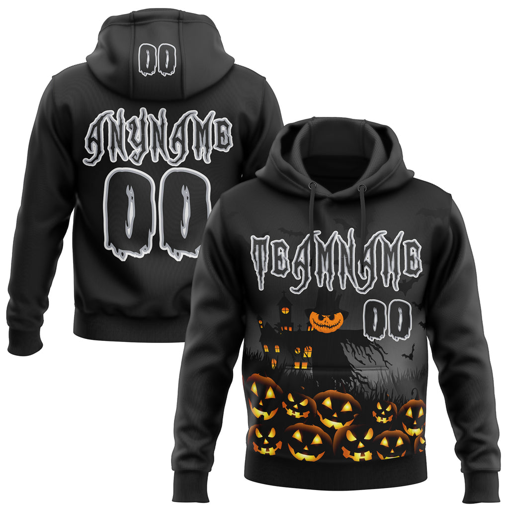 Custom Black Gray-White Spooky Halloween Pumpkins Pullover Sweatshirt Hoodie