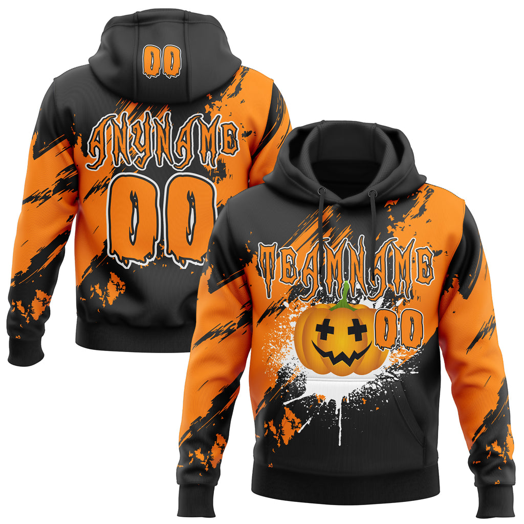 Custom Black Bay Orange-White Spooky Halloween Pumpkins Splatter Pullover Sweatshirt Hoodie