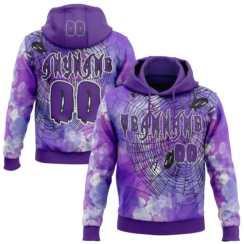 Custom Purple Black-White Halloween Spider Web Pullover Sweatshirt Hoodie