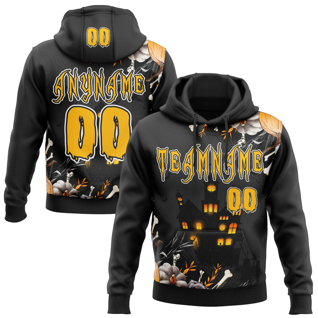 Custom Black Yellow-White Halloween Haunted House Pullover Sweatshirt Hoodie