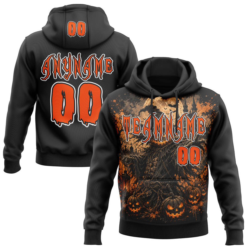 Custom Black Orange-White Spooky Halloween Pumpkins Pullover Sweatshirt Hoodie