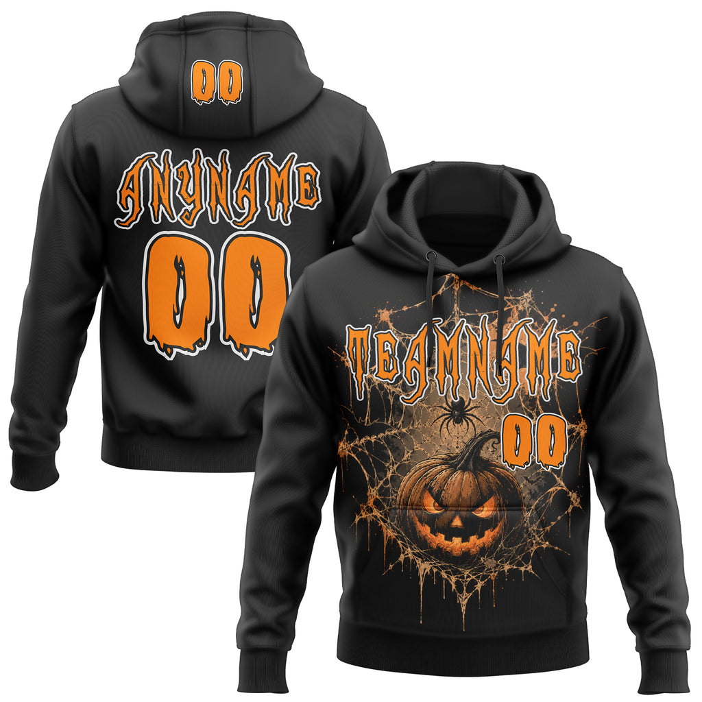 Custom Black Bay Orange-White Spooky Halloween Spider Web Ande Pumpkin Pullover Sweatshirt Hoodie