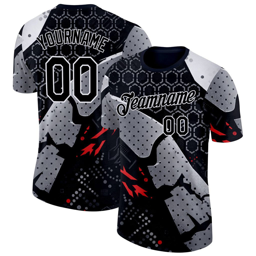 Custom Black Gray Red-White Bowling Geometric Performance T-Shirt