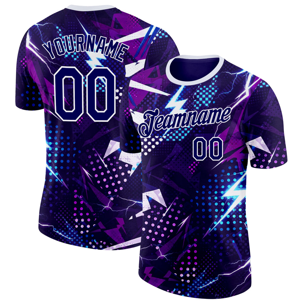 Custom Purple Blue-White Bowling Lightning Performance T-Shirt