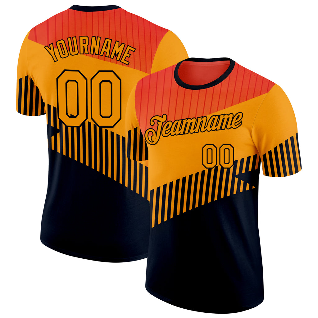 Custom Orange Yellow-Black Bowling Geometric Performance T-Shirt