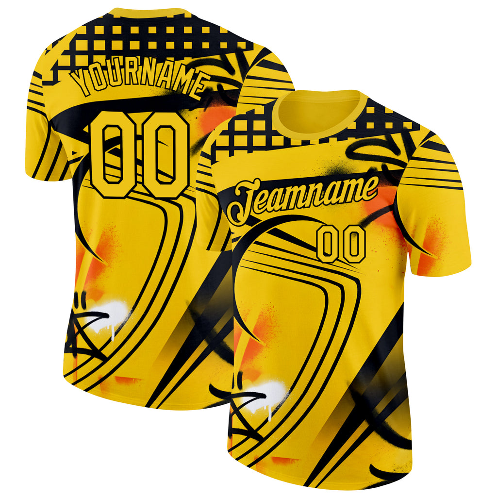 Custom Yellow-Black Bowling Graffiti Performance T-Shirt
