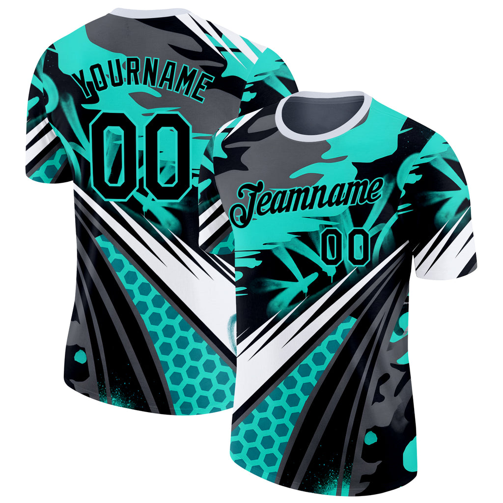 Custom Black Gray-Ice Blue Bowling Abstract Performance T-Shirt
