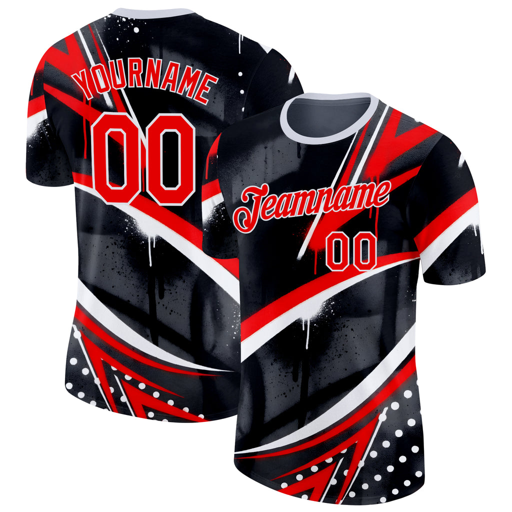 Custom Black Red-White Bowling Graffiti Performance T-Shirt
