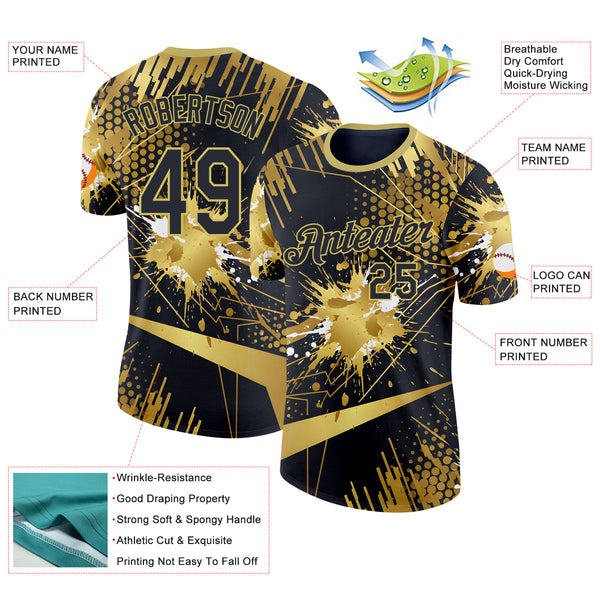 Custom Black-Old Gold Bowling Splash Ink Performance T-Shirt