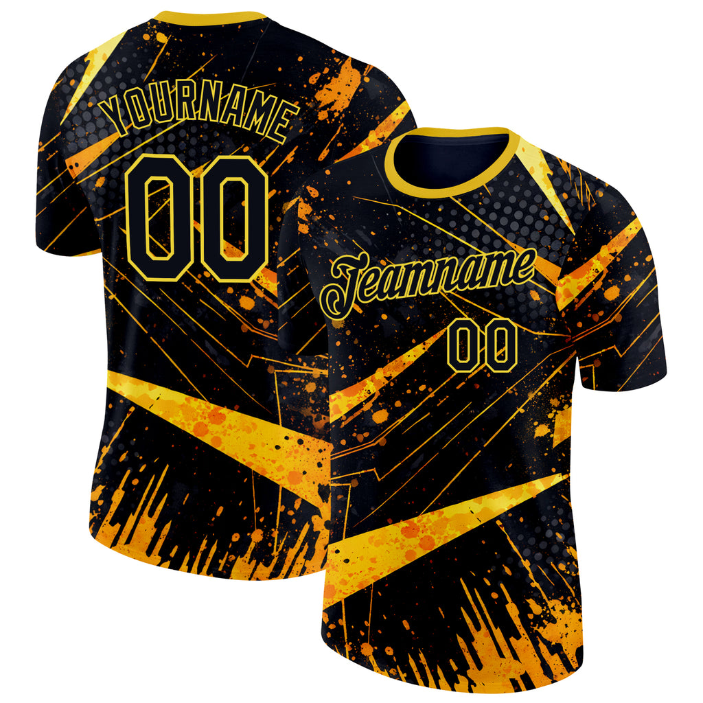Custom Black-Yellow Bowling Splash Ink Performance T-Shirt