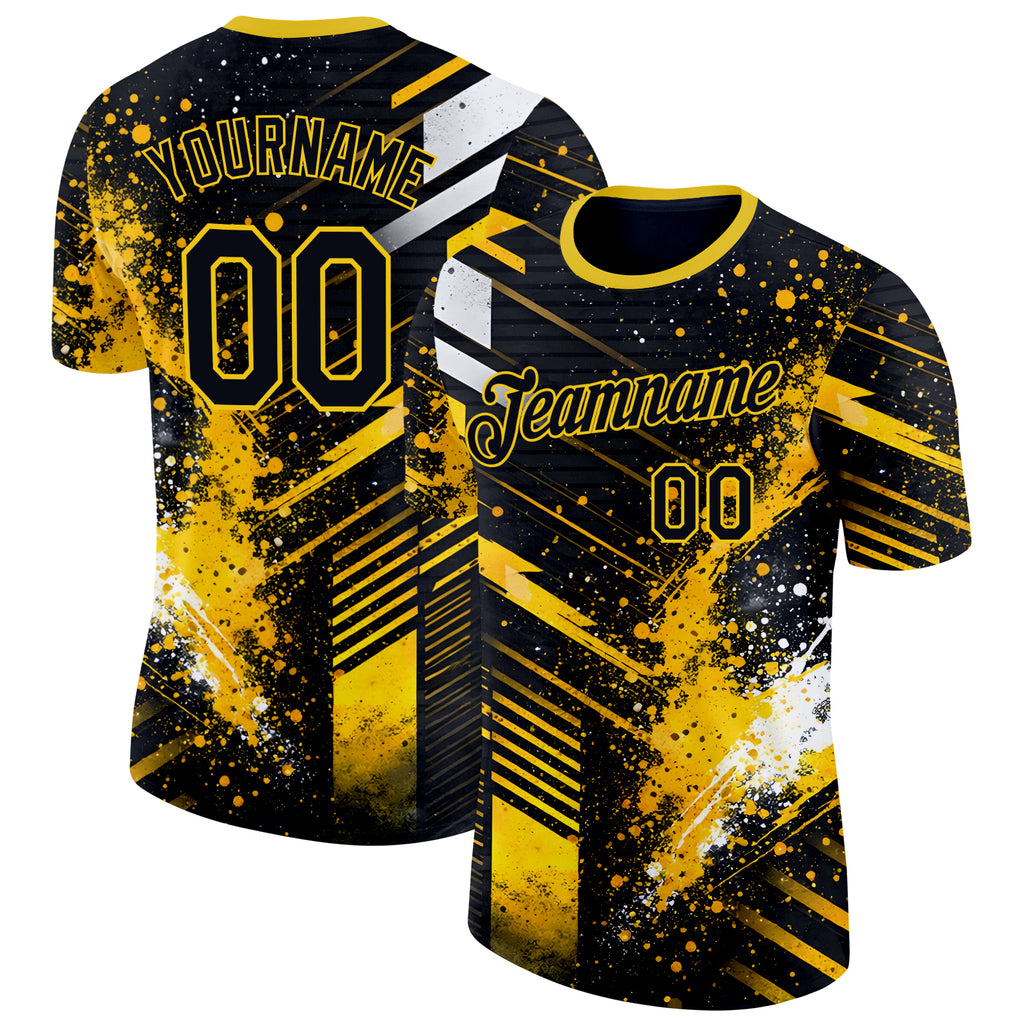 Custom Black-Yellow Bowling Splash Ink Performance T-Shirt