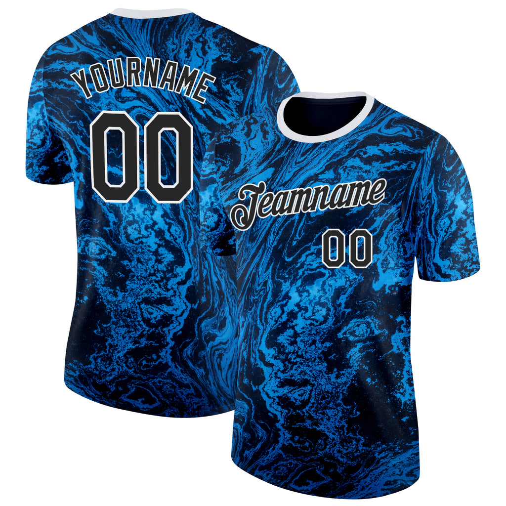 Custom Blue Black-White Bowling Liquid Performance T-Shirt