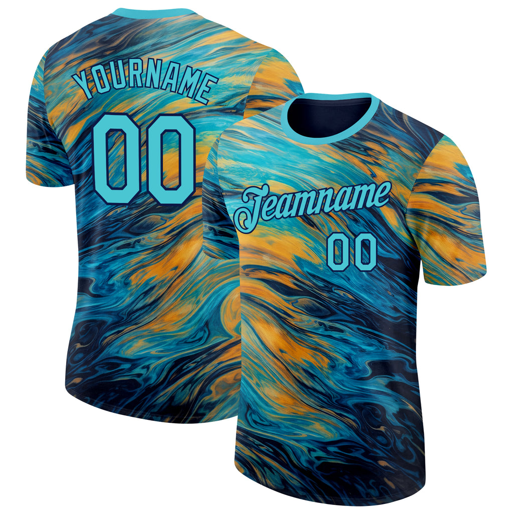 Custom Blue Lakes Blue Yellow-Navy Bowling Liquid Performance T-Shirt