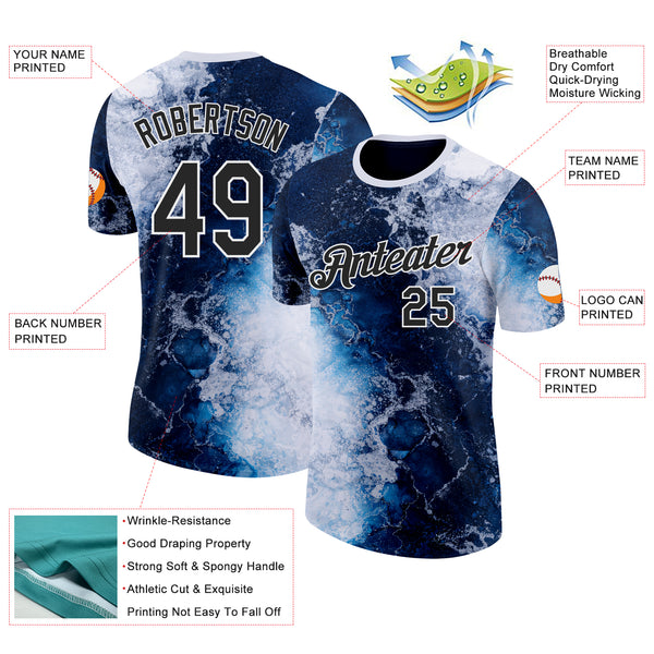 Custom Blue Black-White Bowling Wave Performance T-Shirt